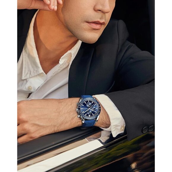 ⚡Men's Leather Watches Chronograph Analog Quartz Date Wrist Watch 30M Waterproof - Picture 2 of 7